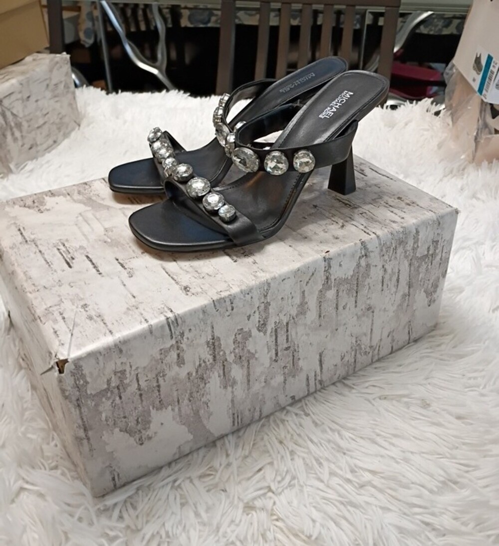 Michael Kors Clara Black Leather & Large Crystal Jeweled Slide Mules Sandals 7.5 - Picture 10 of 16